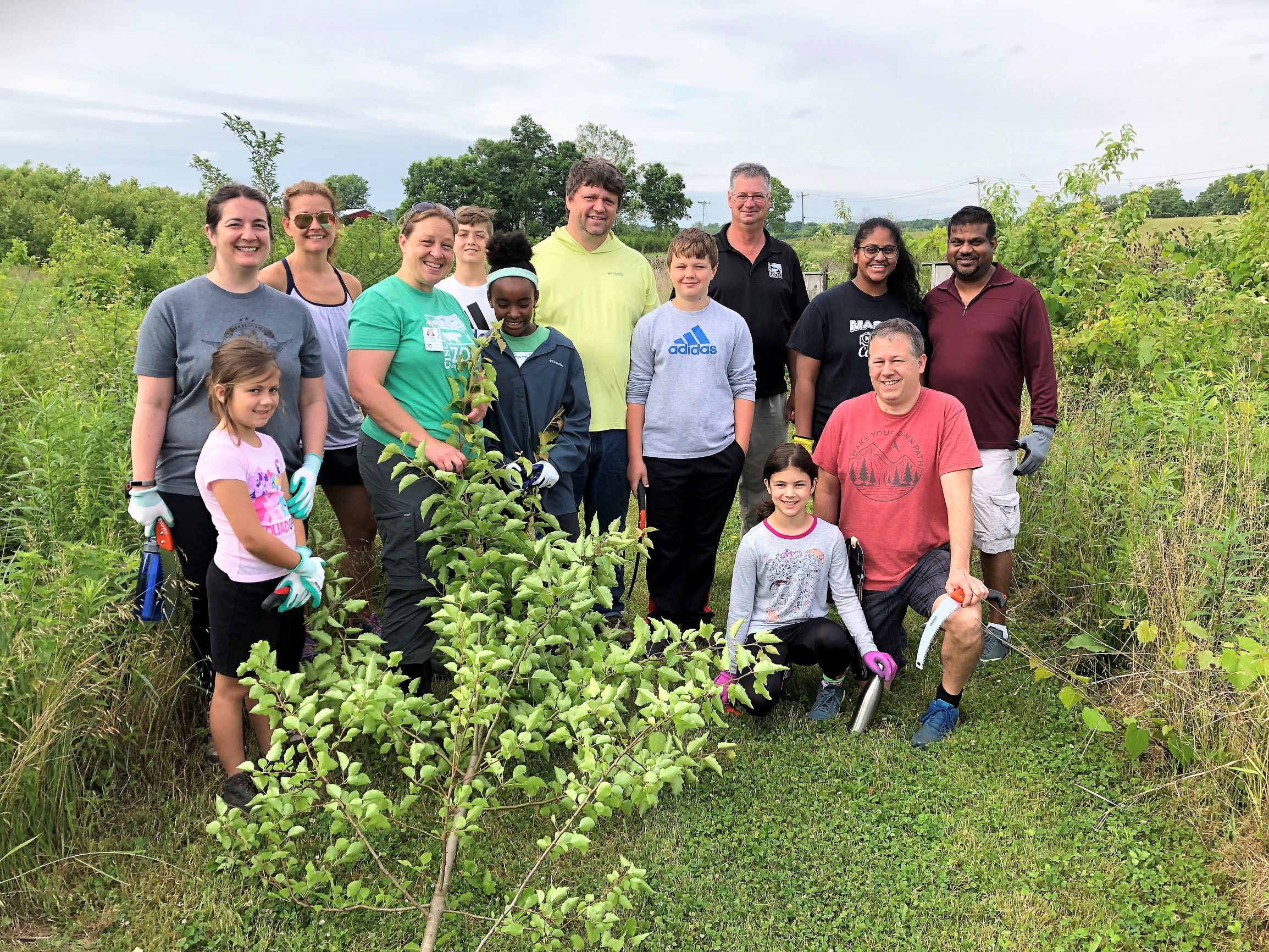 Family Community Service group removing invasive species at Bowyer Farm