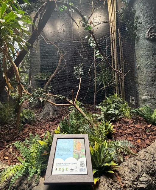 sign and indoor space with birds